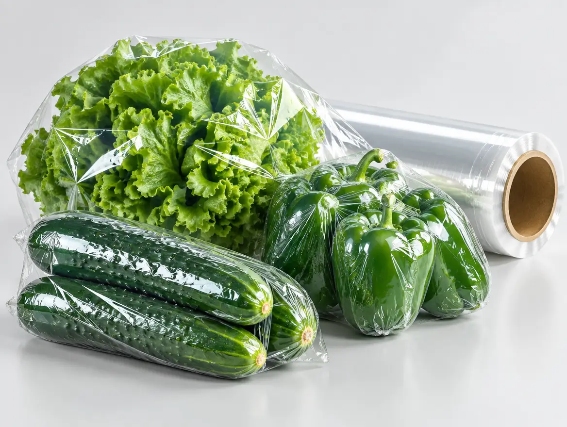 Fresh green produce protected in clear packaging film